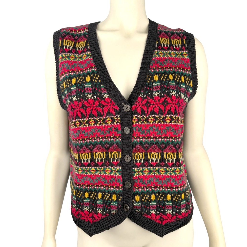 Erika Petites Sweater M Vest Fair Isle Knit Button Front Black Red‎ Green Yellow